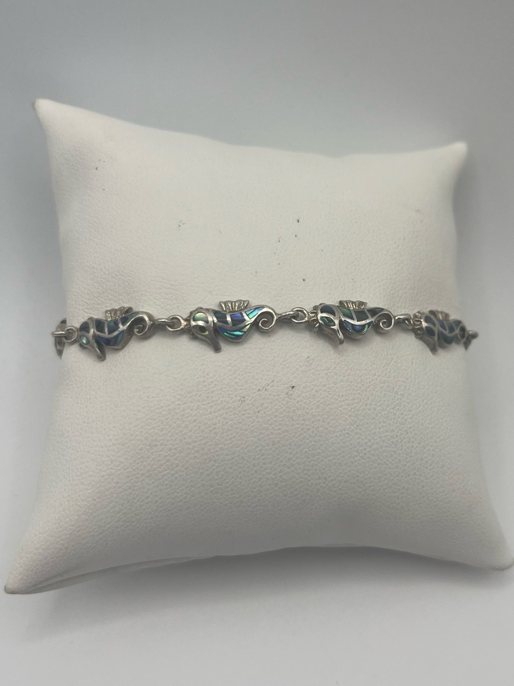 Sterling Silver Abalone Seahorse Link Bracelet - Blue Green Inlay